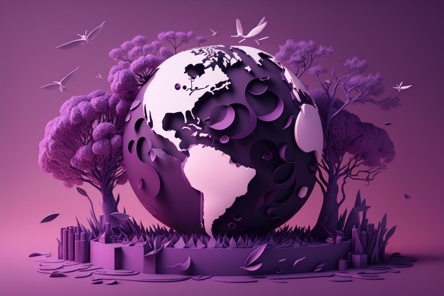 World environment day on purple background in paper cut style, Earth day. photo