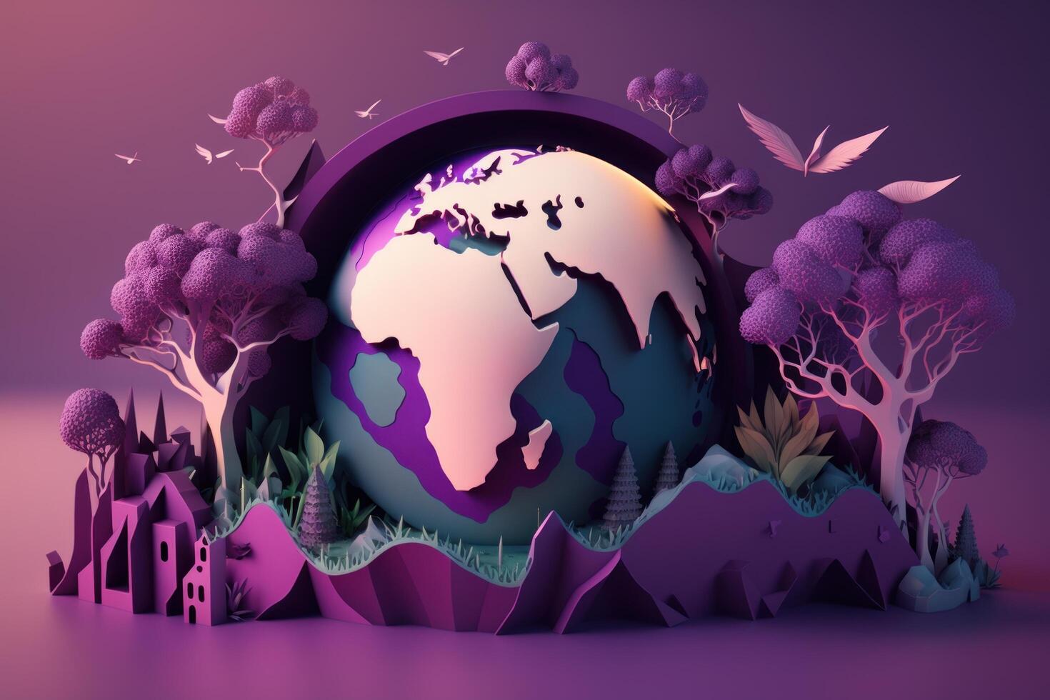 World environment day on purple background in paper cut style, Earth day. photo