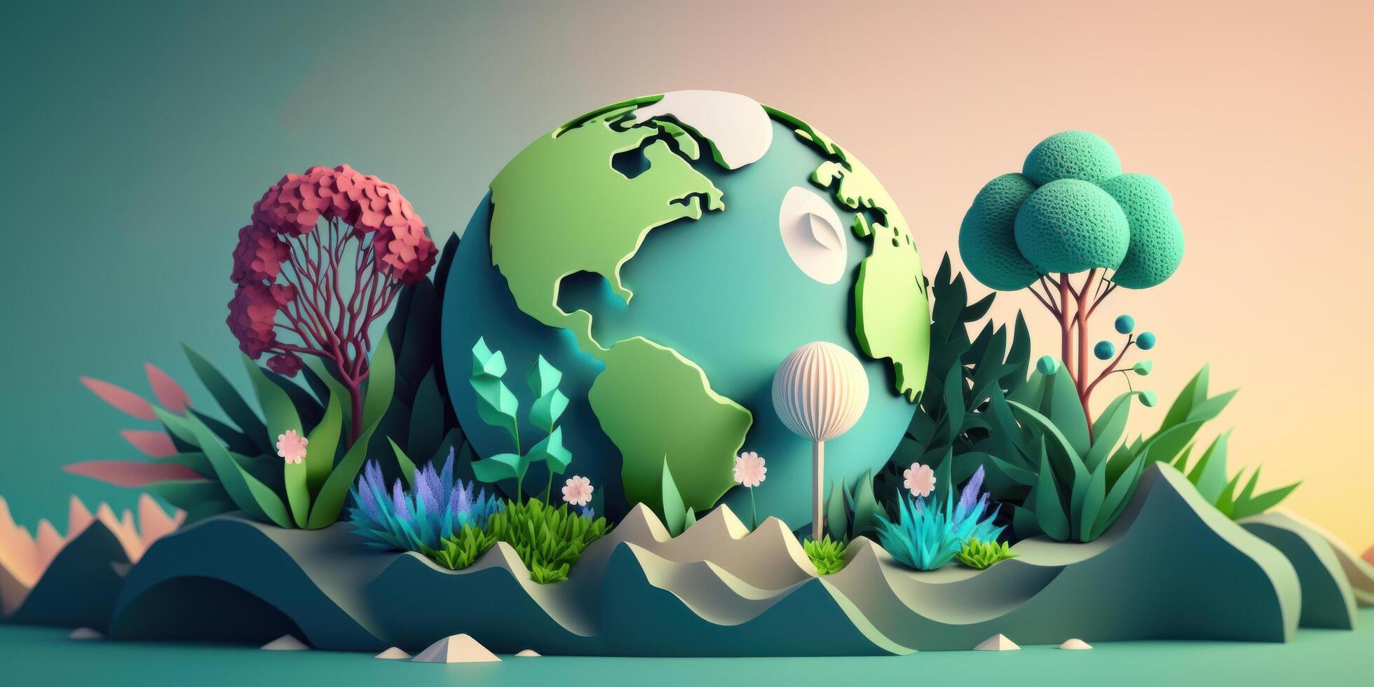 World environment day on pastel color background in paper cut style, Earth day. photo