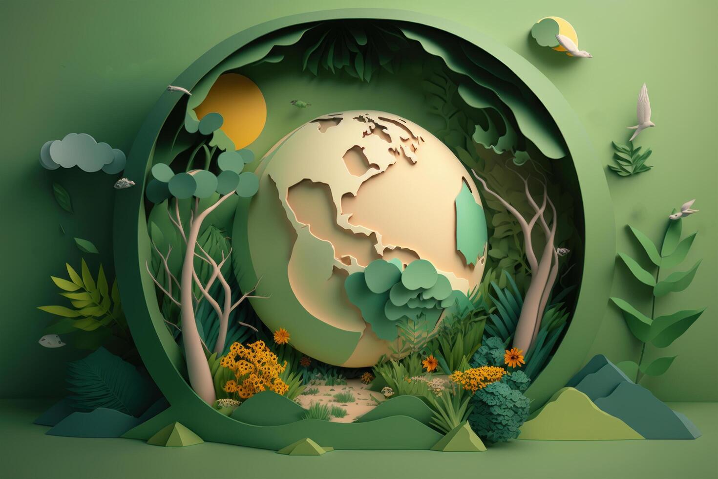 World environment day on green background in paper cut style, Earth day. photo