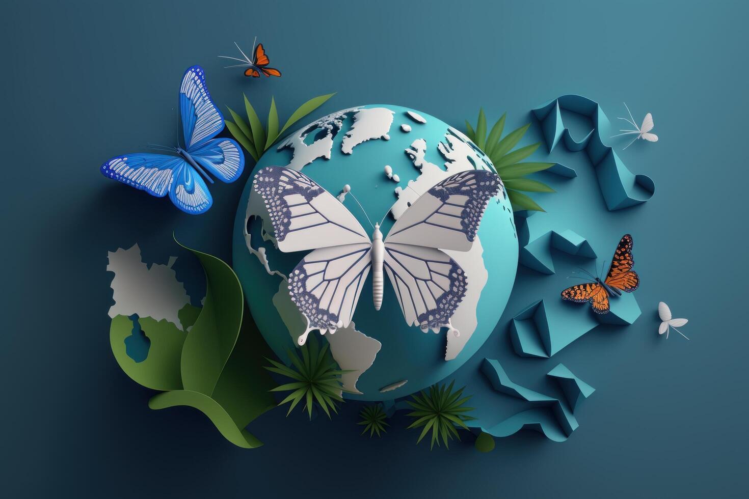 World environment day with earth and butterfly on blue background, Earth day. photo