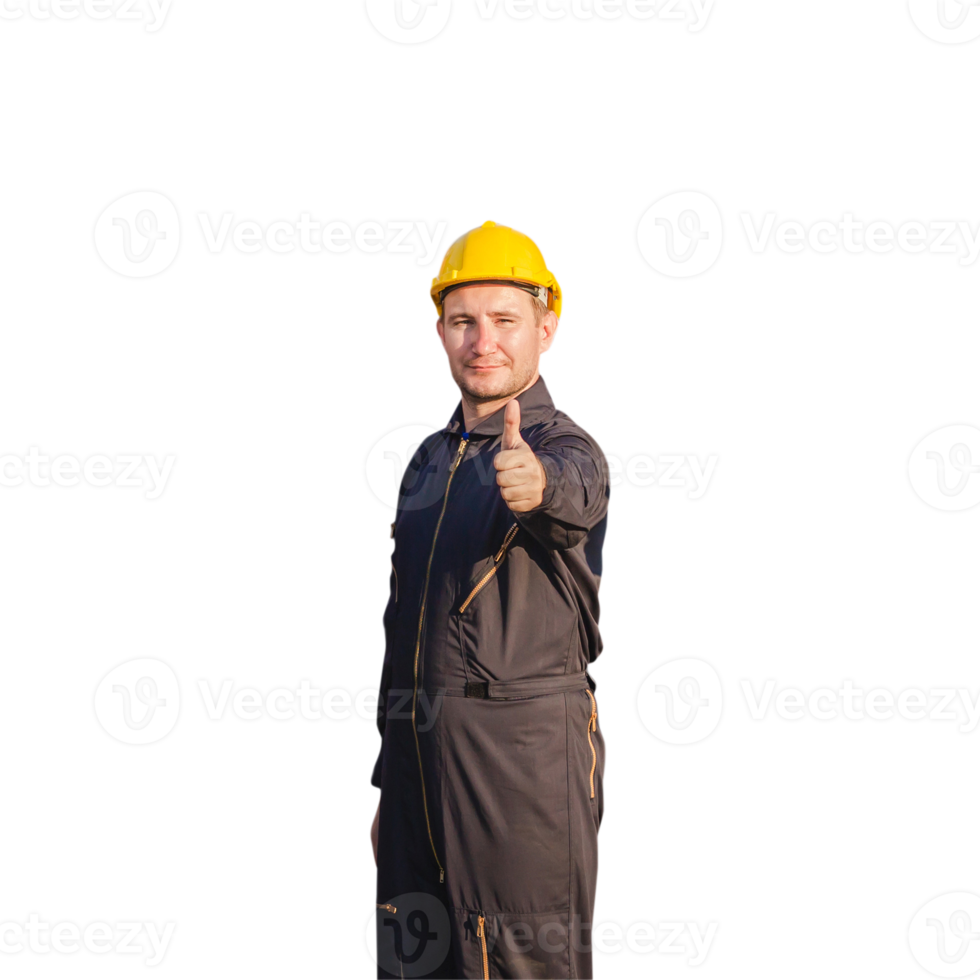 Engineer man, worker in hard hat with showing thumbs up png