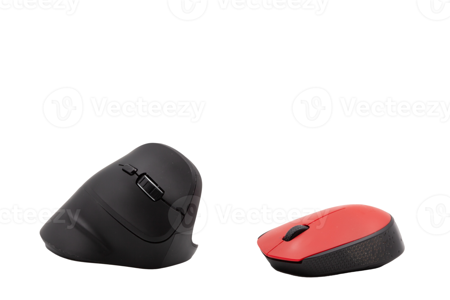 Vertical black and horizontal red computer mouse on a transparent background against each other. Horizontal. PNG. Template. Photo in high quality png