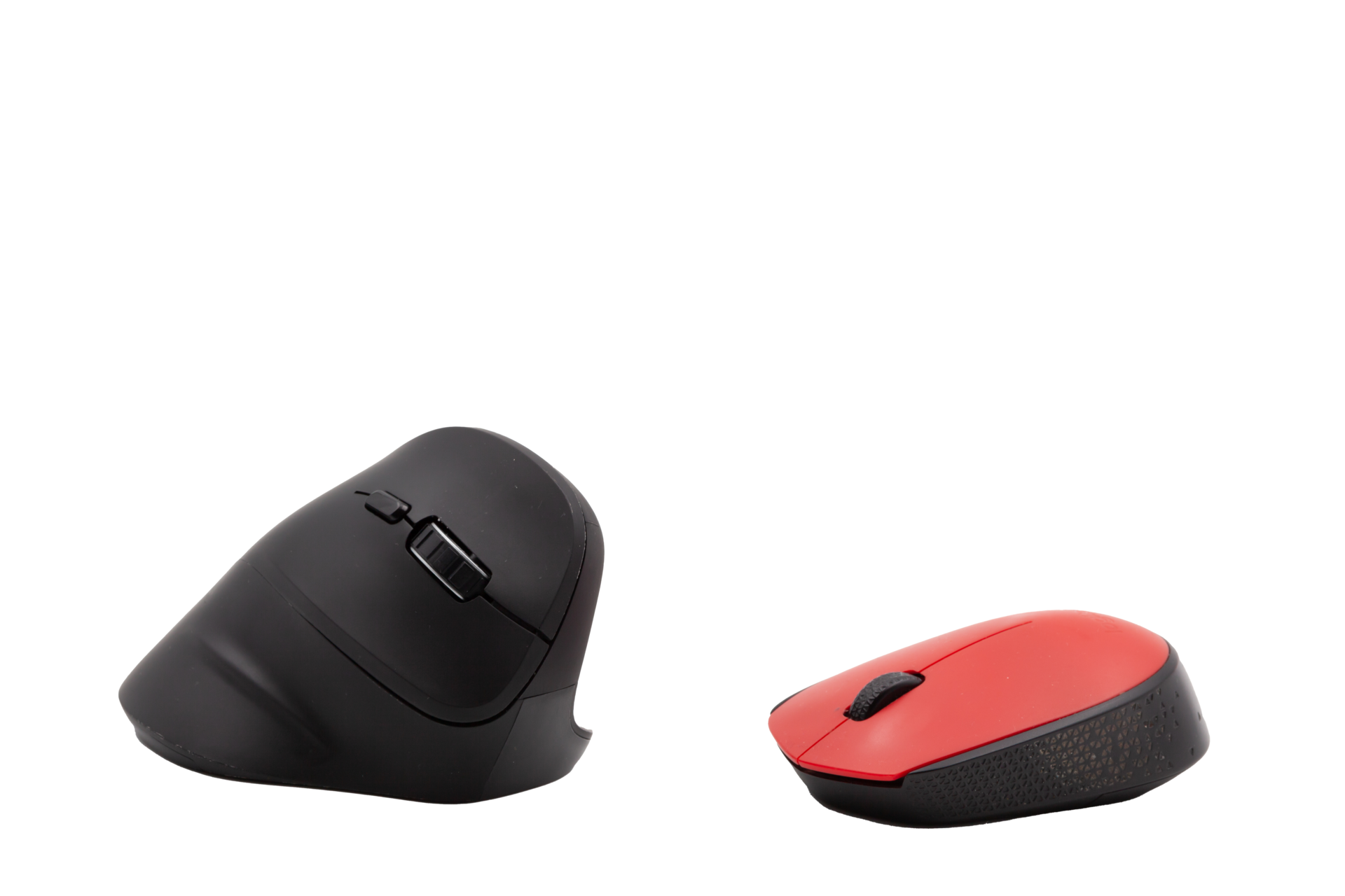 Vertical black and horizontal red computer mouse on a transparent background against each other