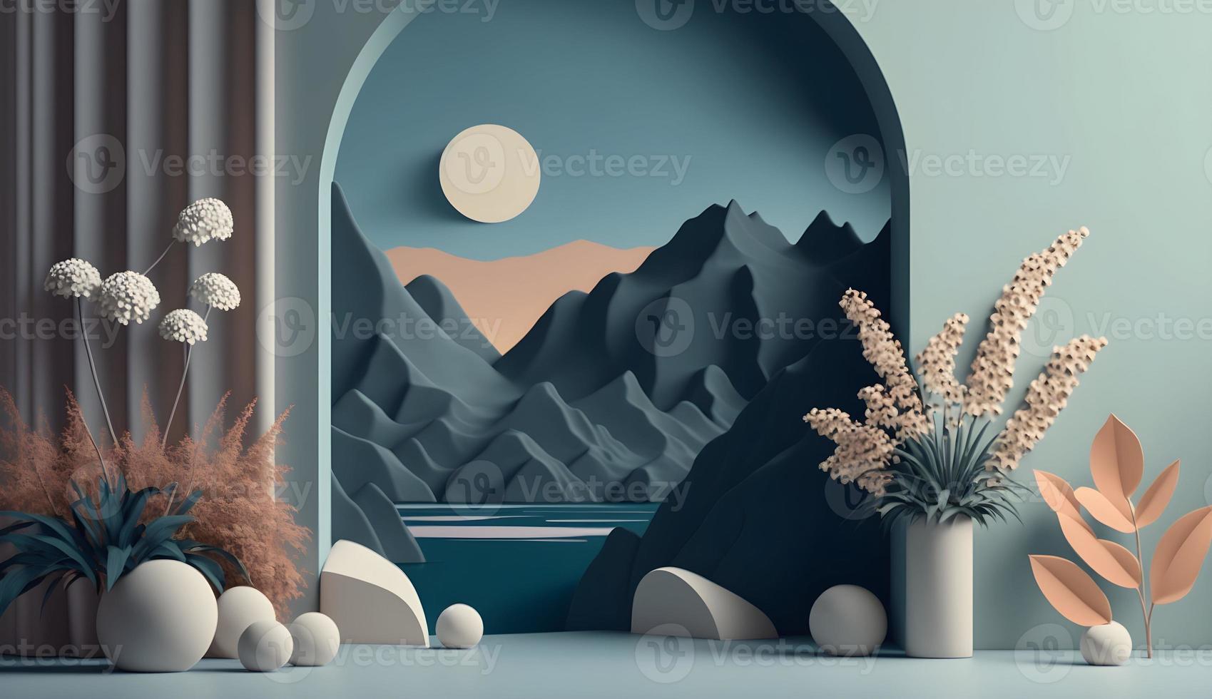 3D Render of Daytime Scandinavian Nature Room with Mountainous Landscape Background photo
