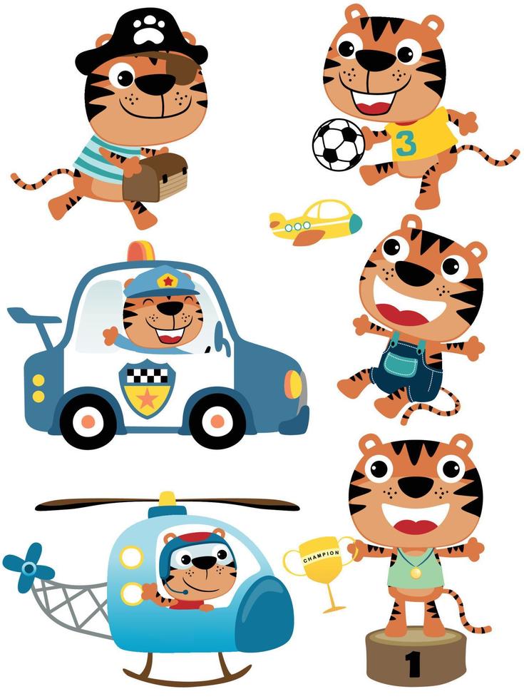 vector set of funny tiger cartoon in different profession and activity