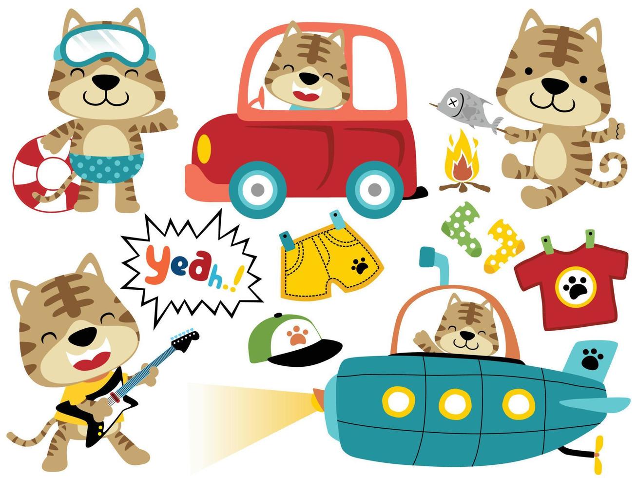 Vector set of cartoon cat in different activity, pet toys elements illustration