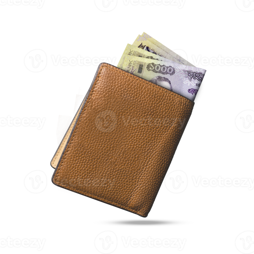 3D rendering of 1000 Bangladeshi Taka notes popping out of a brown leather men's wallet png