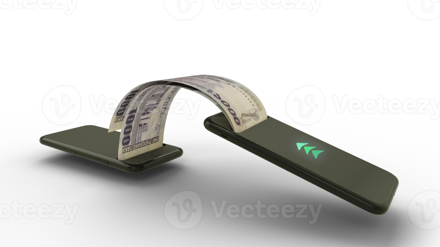 3D rendering of 1000 Bangladeshi taka notes transferring from one phone to another. mobile money transaction concept. money coming out of mobile phone png