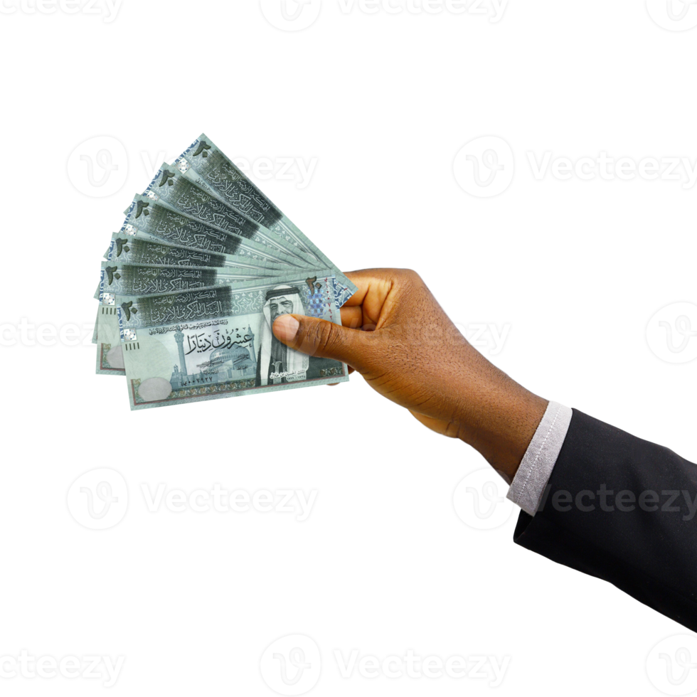 Black hand with suit holding 3D rendered Jordanian dinar notes png