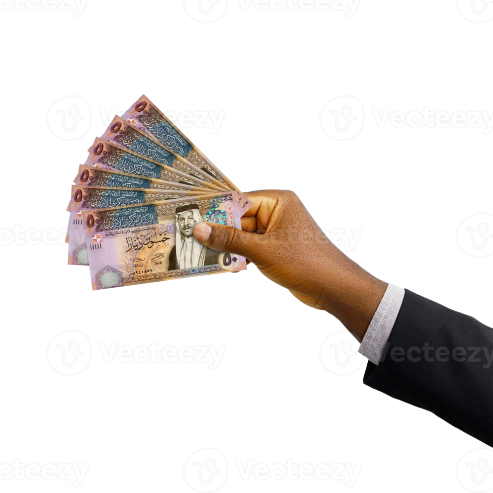 Black hand with suit holding 3D rendered Jordanian dinar notes png