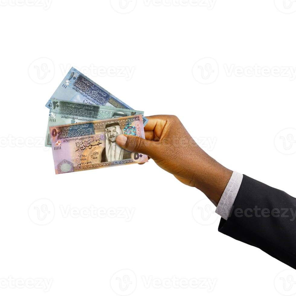 Black hand with suit holding 3D rendered Jordanian dinar notes png