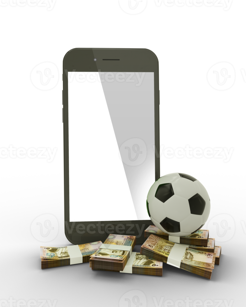 3D rendering of a mobile phone with  soccer ball and stacks of Jordanian dinar notes isolated png