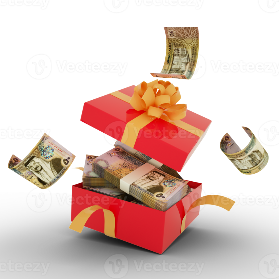 Jordanian dinar notes inside an open red gift box. Jordanian dinar inside and flying around a gift box. 3d rendering of money inside box isolated png