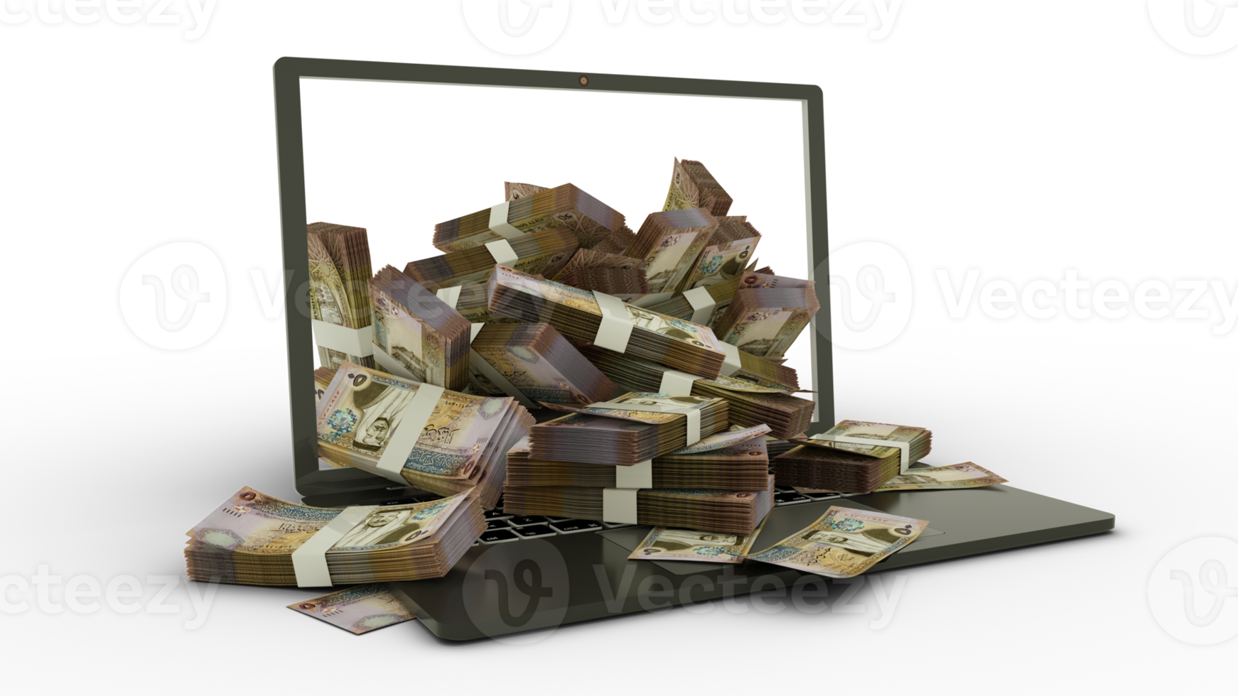 3D rendering of Jordanian dinar notes coming out of a Laptop monitor. stacks of lei notes inside a laptop. money from computer, money from laptop png