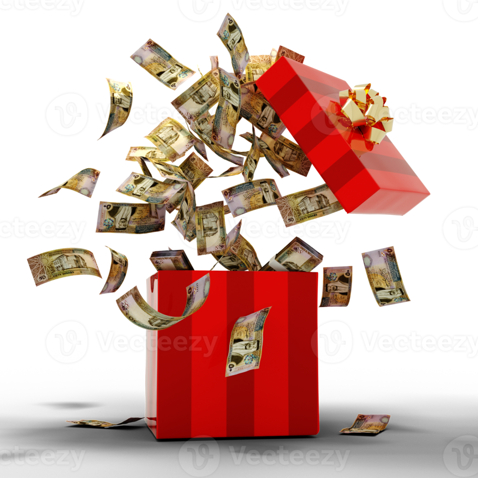 3D rendering of A lot of Jordanian dinar notes coming out of an opened red gift box png