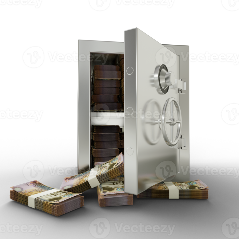 Bundles of Jordanian dinar in Steel safe box. 3D rendering of stacks of money inside metallic vault isolated, Financial protection concept, financial safety. png