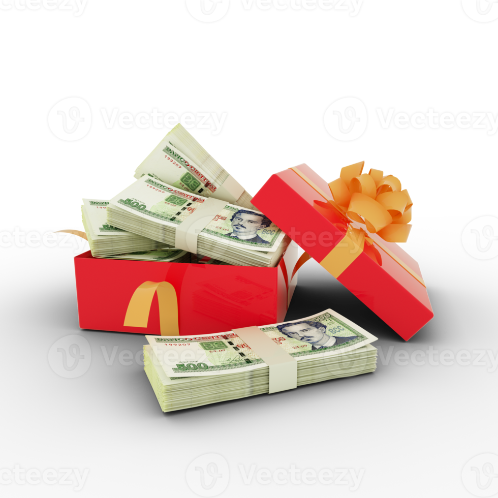 Stack of Cuban Peso notes inside an open red gift box. Bundles of Cuban Pesos inside a gift box. 3d rendering of money inside box png