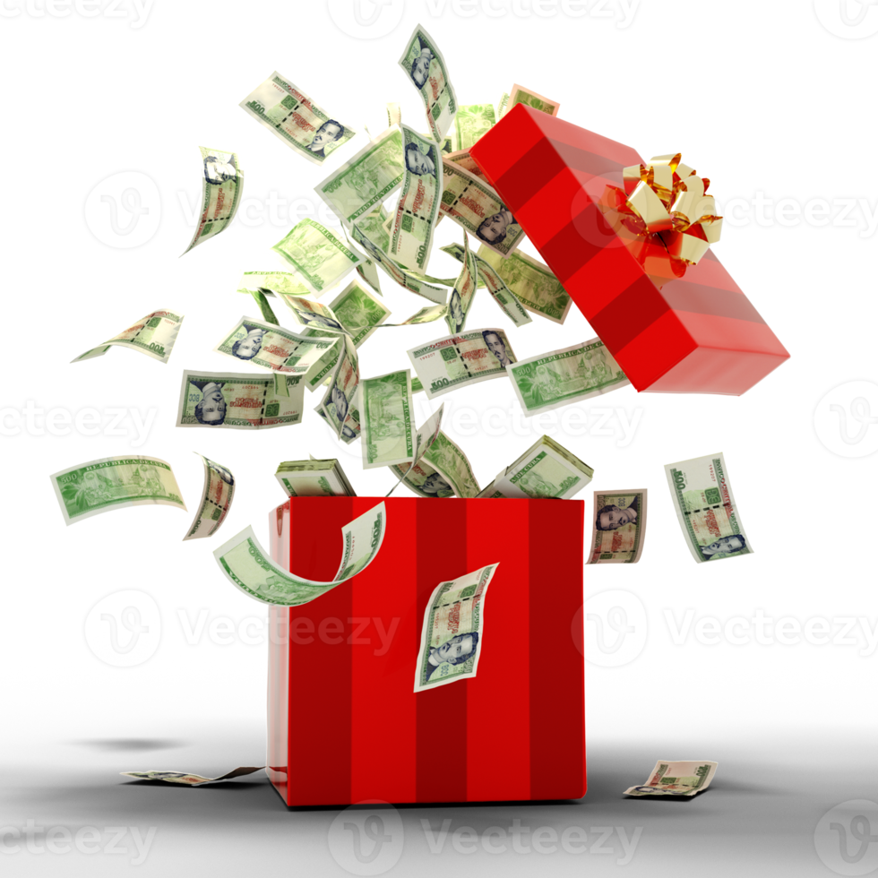 3D rendering of A lot of Cuban Peso notes coming out of an opened red gift box png