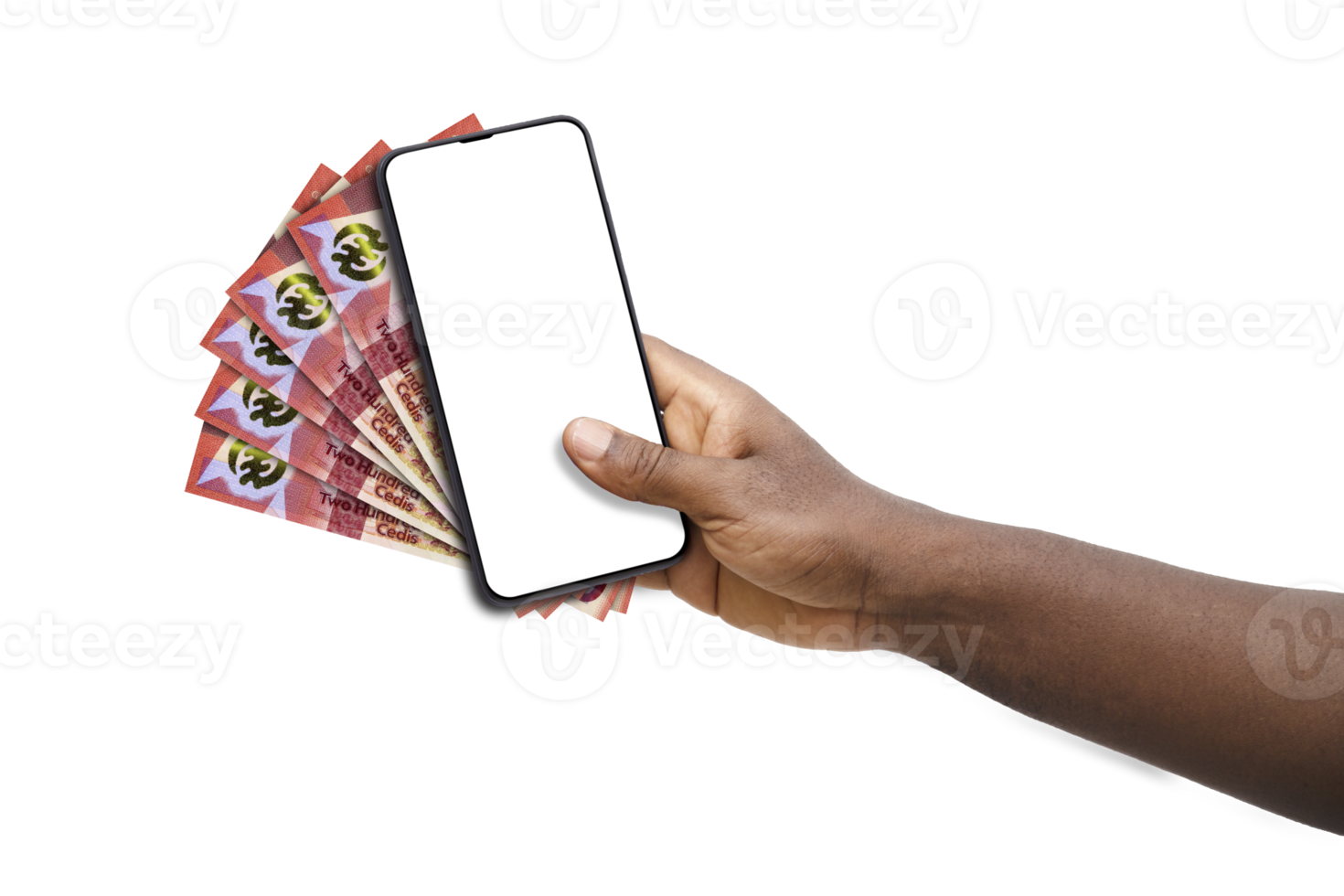 Black Hand Holding Mobile Phone With Blank Screen And Ghanaian Cedi black-hand-holding-mobile-phone-with-blank-screen-and-ghanaian-cedi
