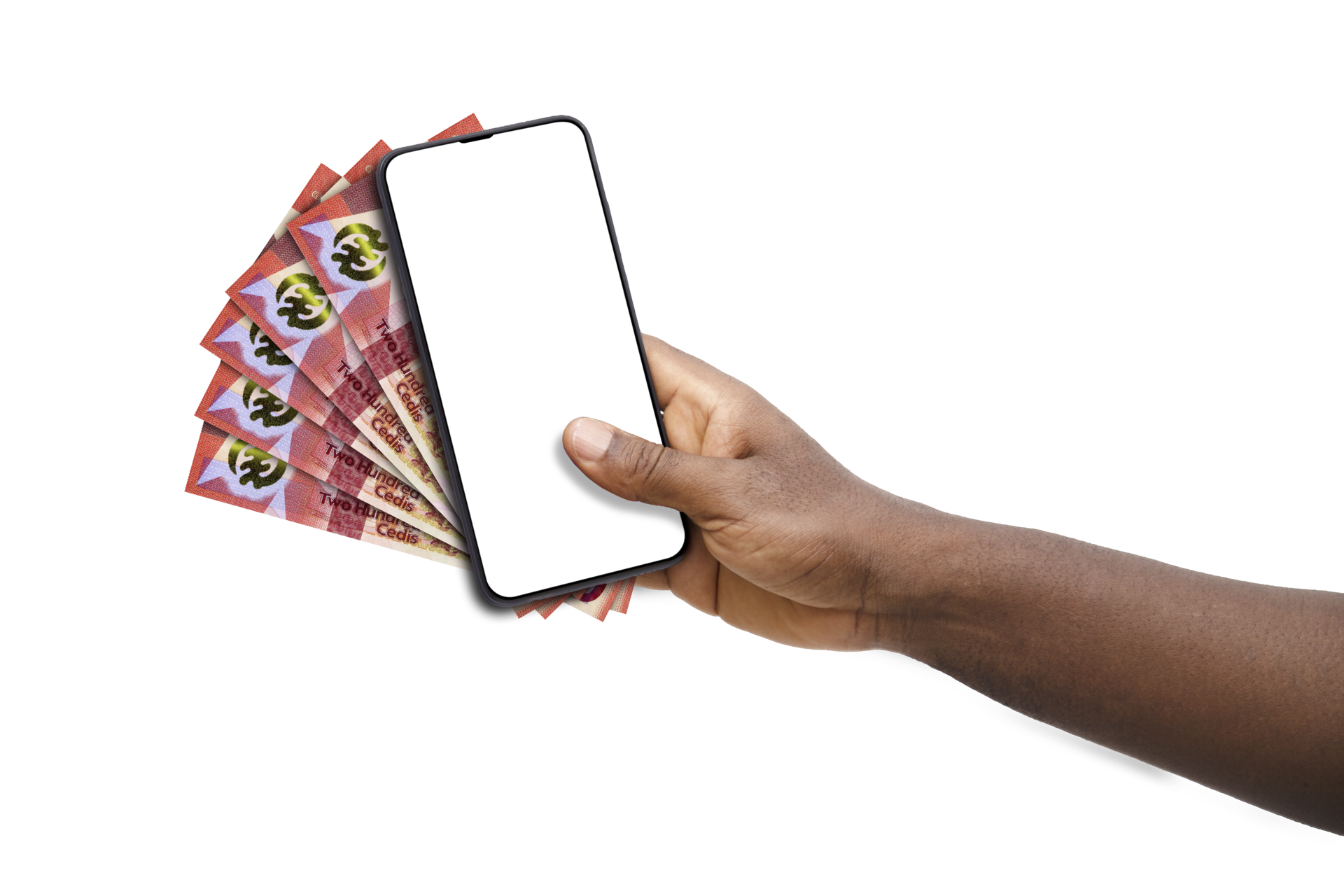Black hand holding mobile phone with blank screen and Ghanaian cedi