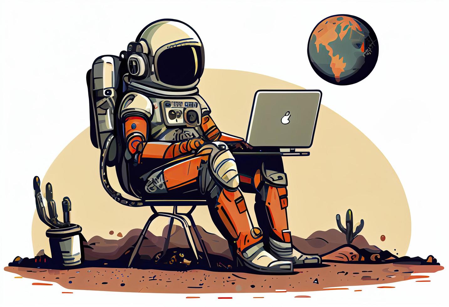 The robot astronaut man sits with laptop. Search on the Internet. Internet surfing photo