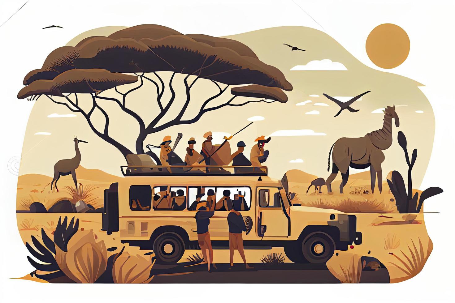 People in safari tour, savanna wild landscape vector illustration. Cartoon group of tourist characters photo