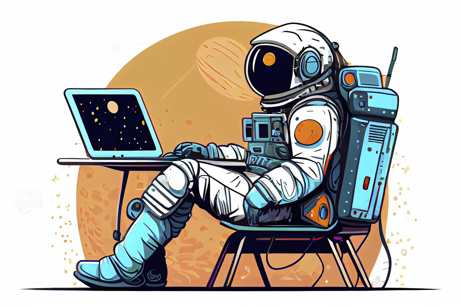 The robot astronaut man sits with laptop. Search on the Internet. Internet surfing photo
