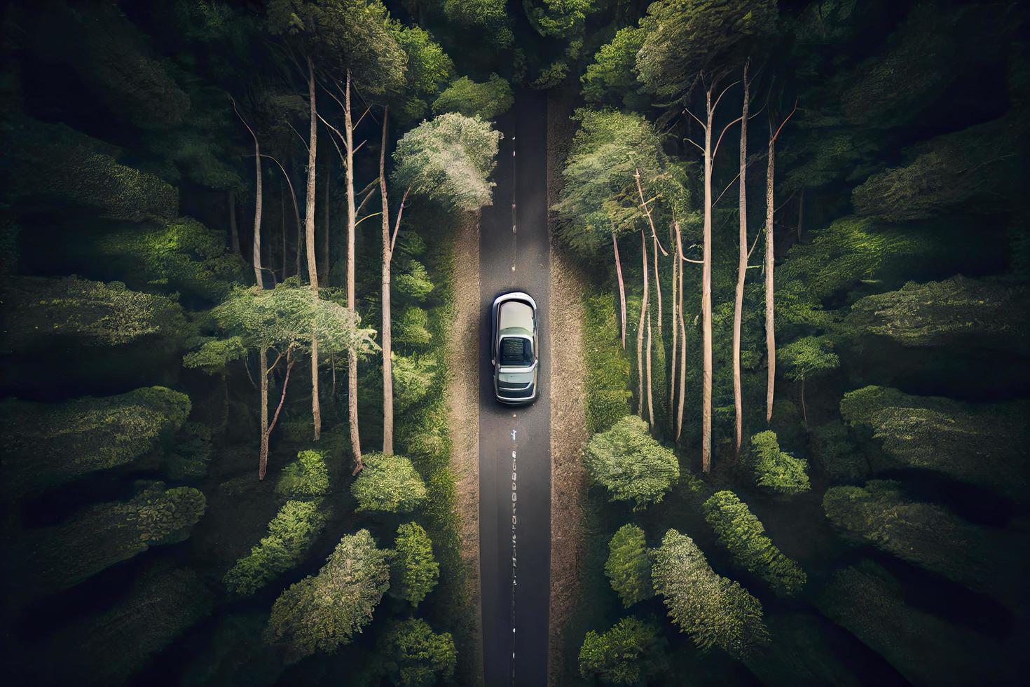 car driving on a curvy road on a mountain in a forrest photo