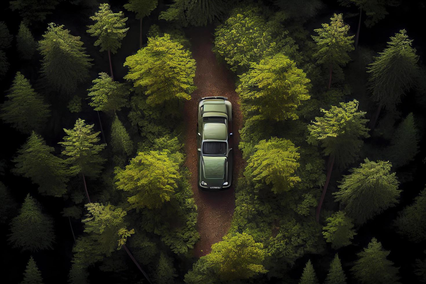 car driving on a curvy road on a mountain in a forrest photo