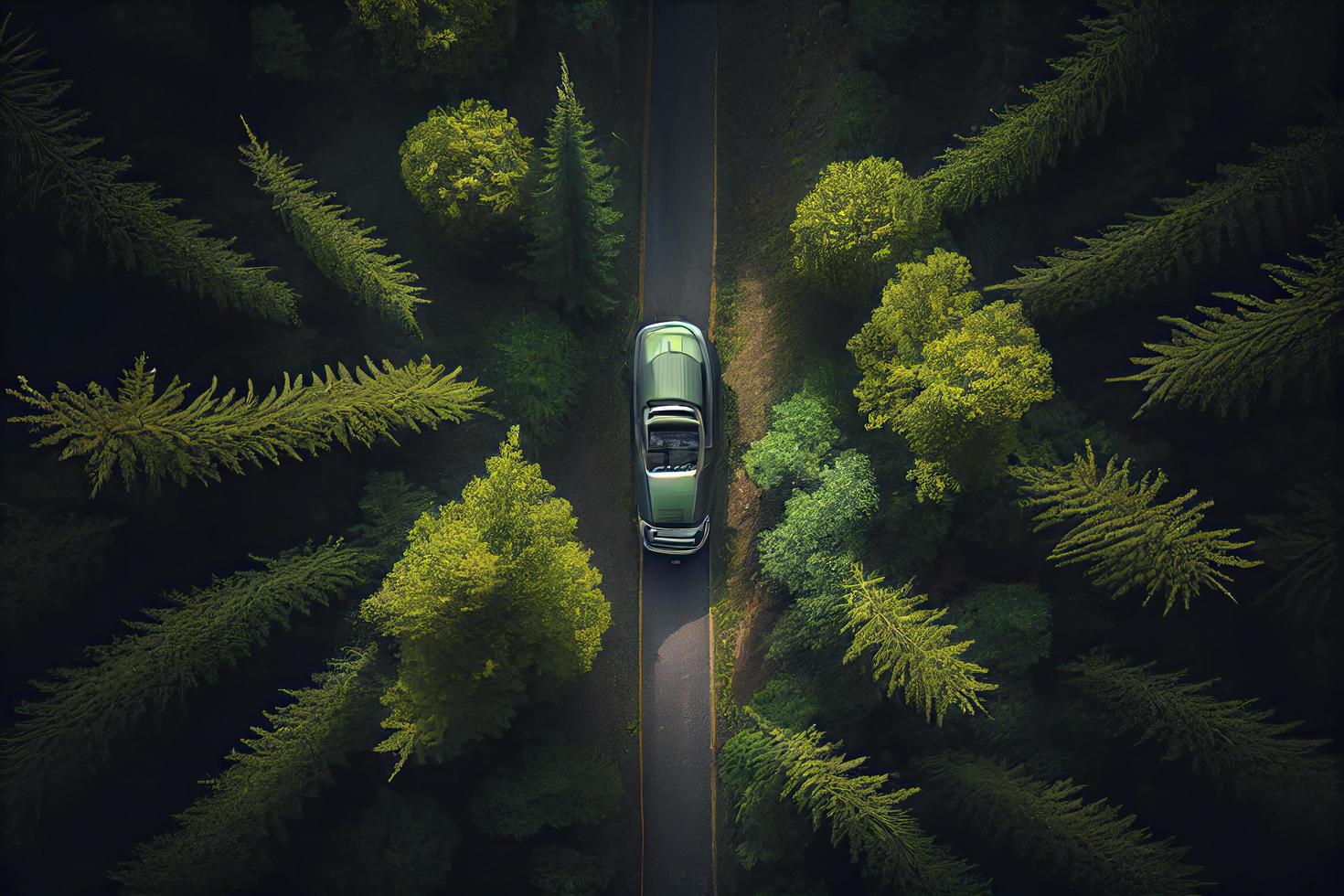 car driving on a curvy road on a mountain in a forrest photo