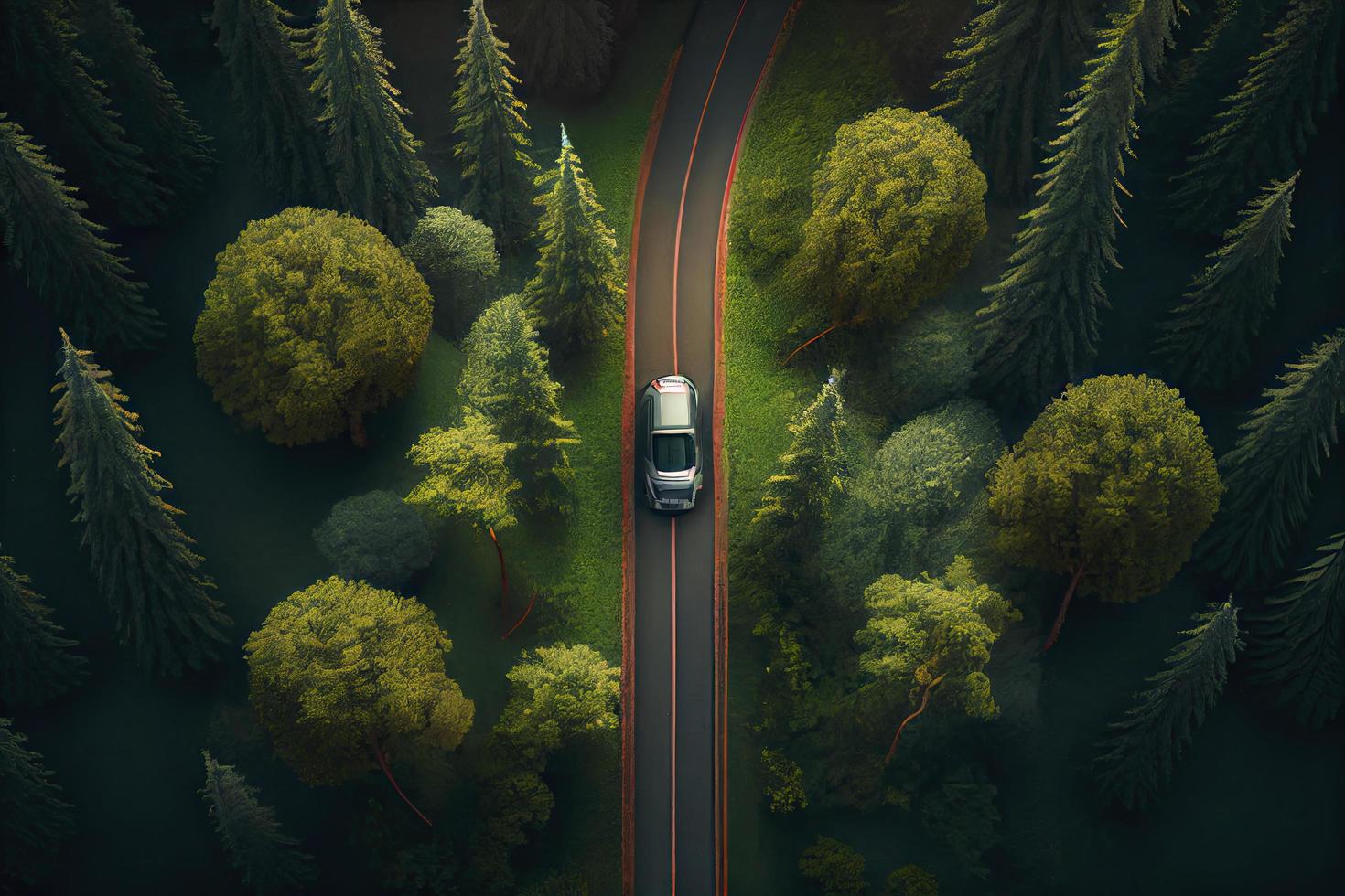 car driving on a curvy road on a mountain in a forrest photo