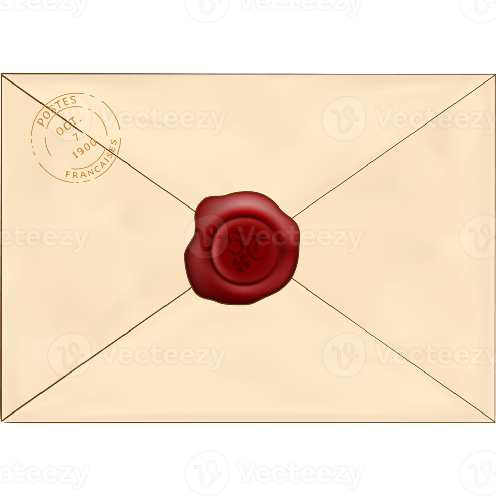 Transparent old vintage letter with seal and stamp png