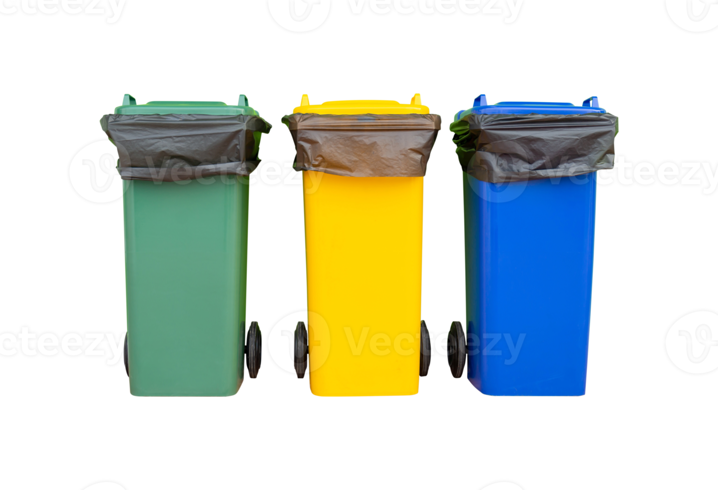 Group of colorful recycle bins, Garbage bins with garbage bags png