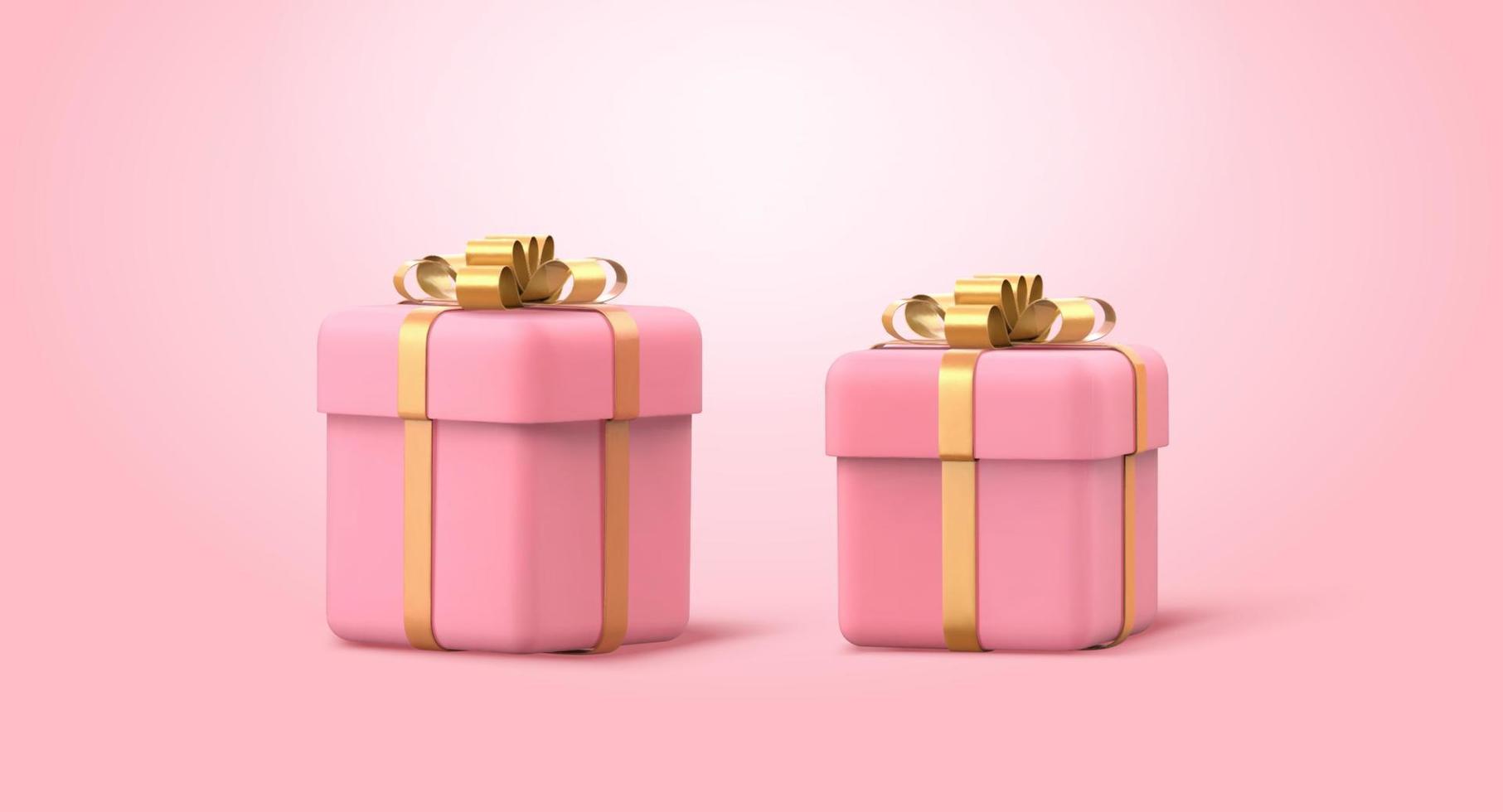 3d illustration of pink gift boxes with golden satin ribbons. Elements isolated on pink background. vector