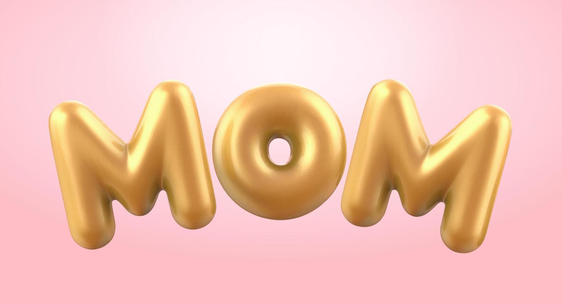 Golden MOM balloon words isolated on pink background in 3d illustration. Element suitable for Mother's Day and birthday. vector