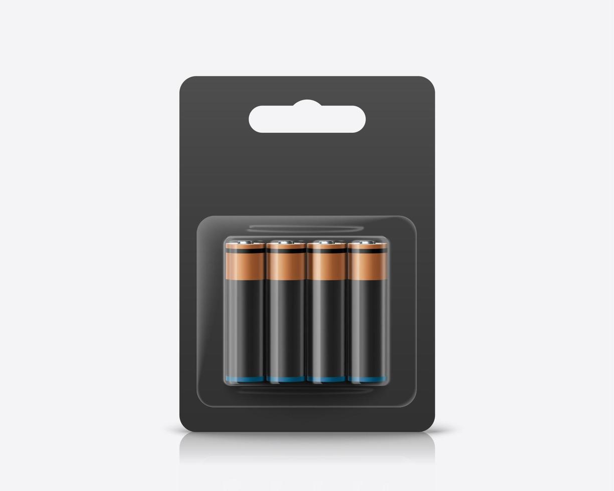 3d AA or AAA battery package mock up. Batteries in transparent blister pack with blank space. Package element isolated on white background. vector