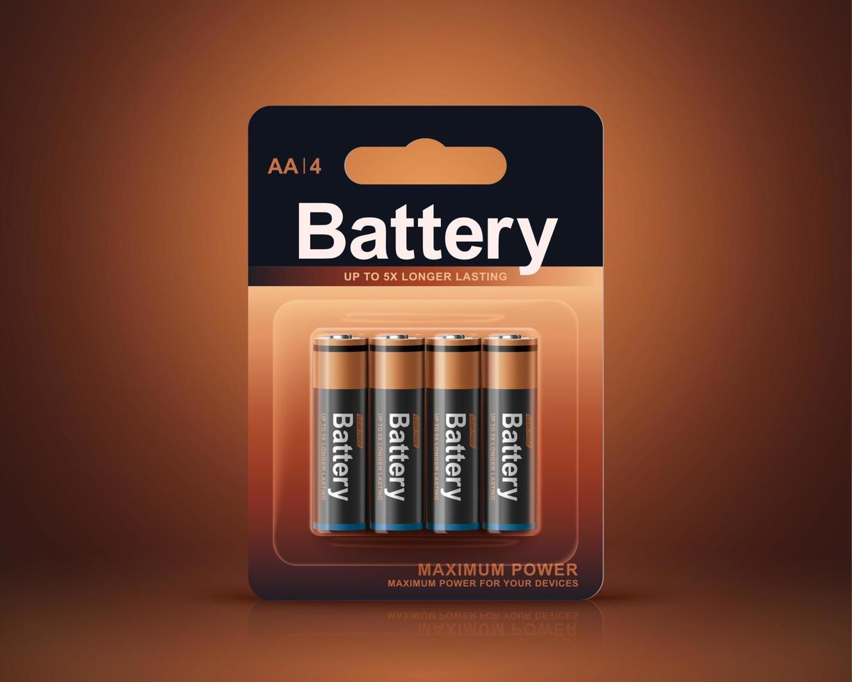 3d AA or AAA battery package design. Batteries in transparent blister pack mock up. Package element isolated on copper background. vector