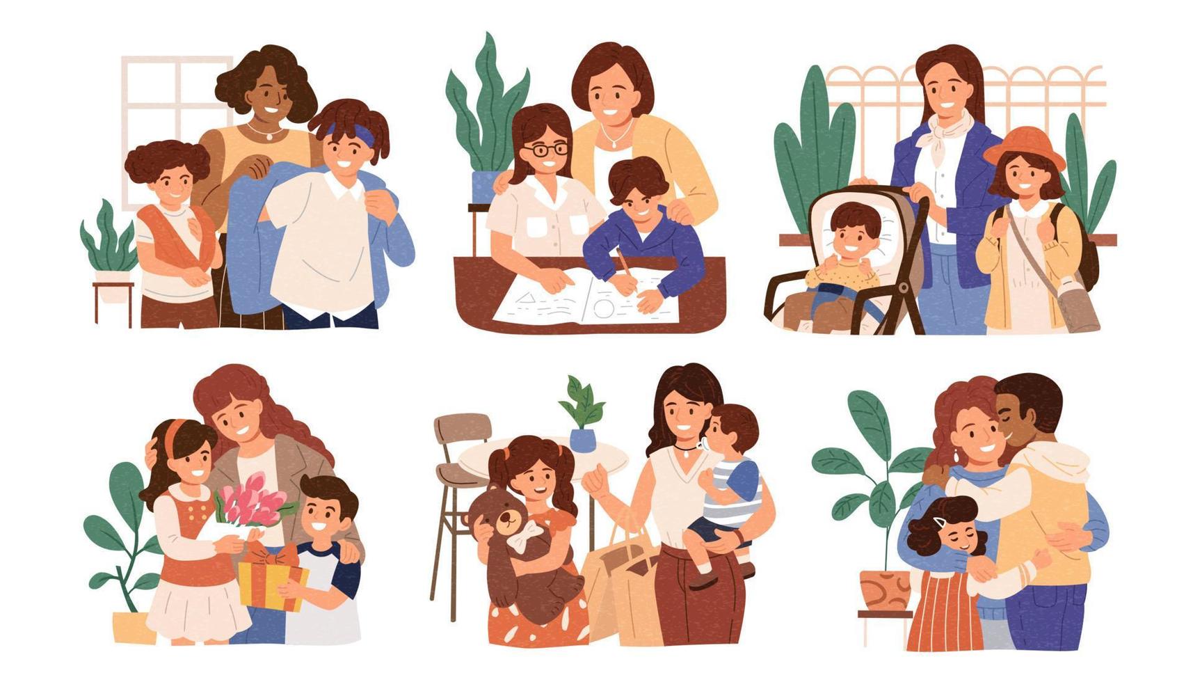 multi étnico madres tomando cuidado de su niños. concepto de maternidad, soltero madre y diverso familia. vector