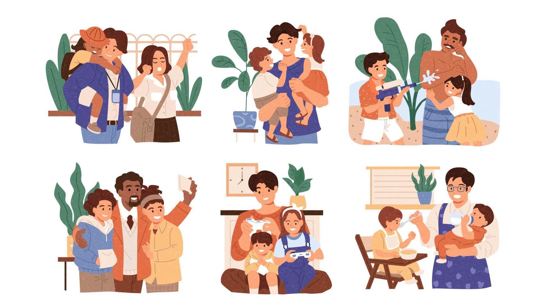 Multi ethnic men taking care of their children. Concept of fatherhood, single father, and diverse family. Illustration set designed in flat style. vector