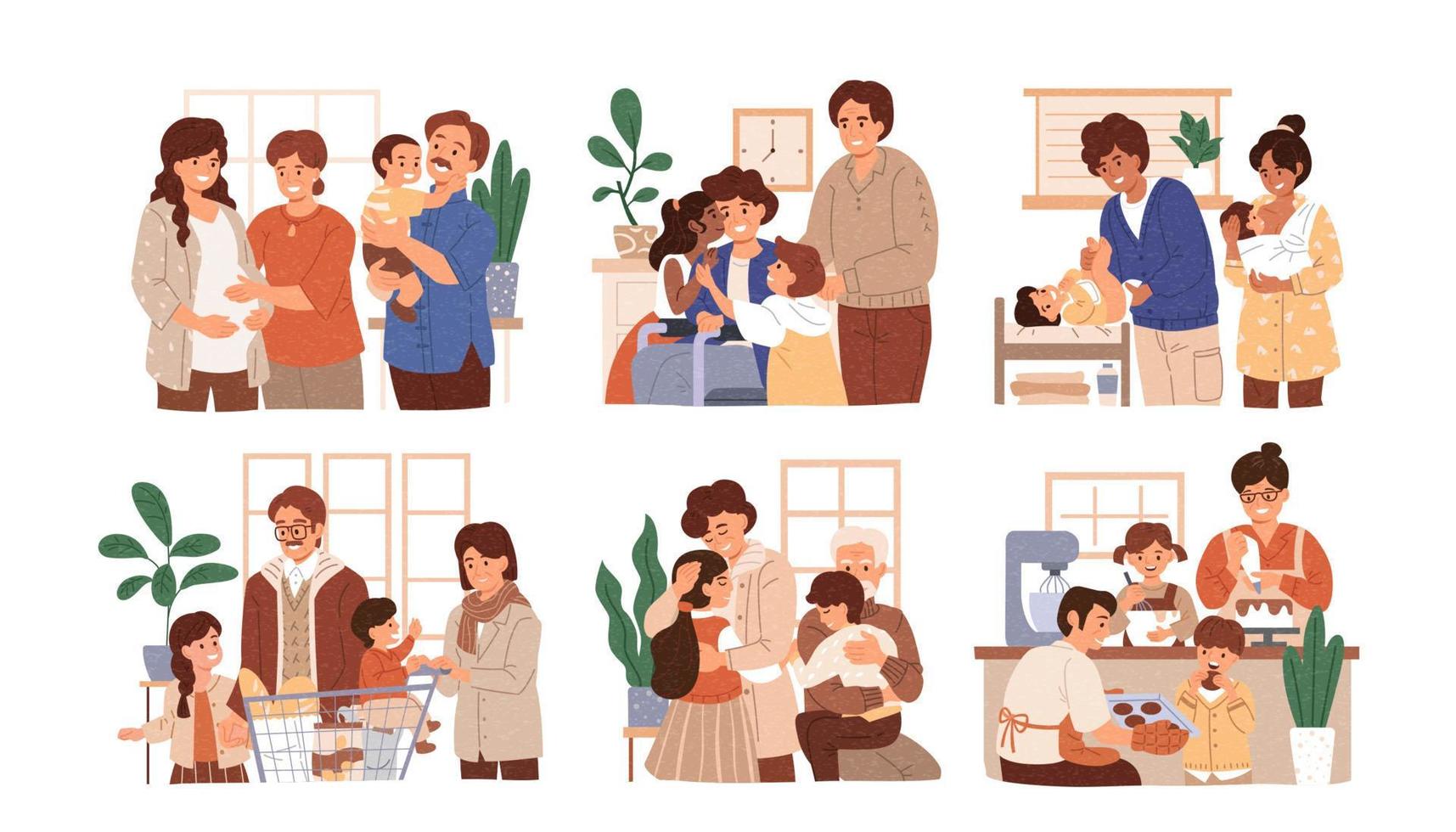 Set of family members spending time together at home. Different indoor family events or situations. Flat style illustration. vector