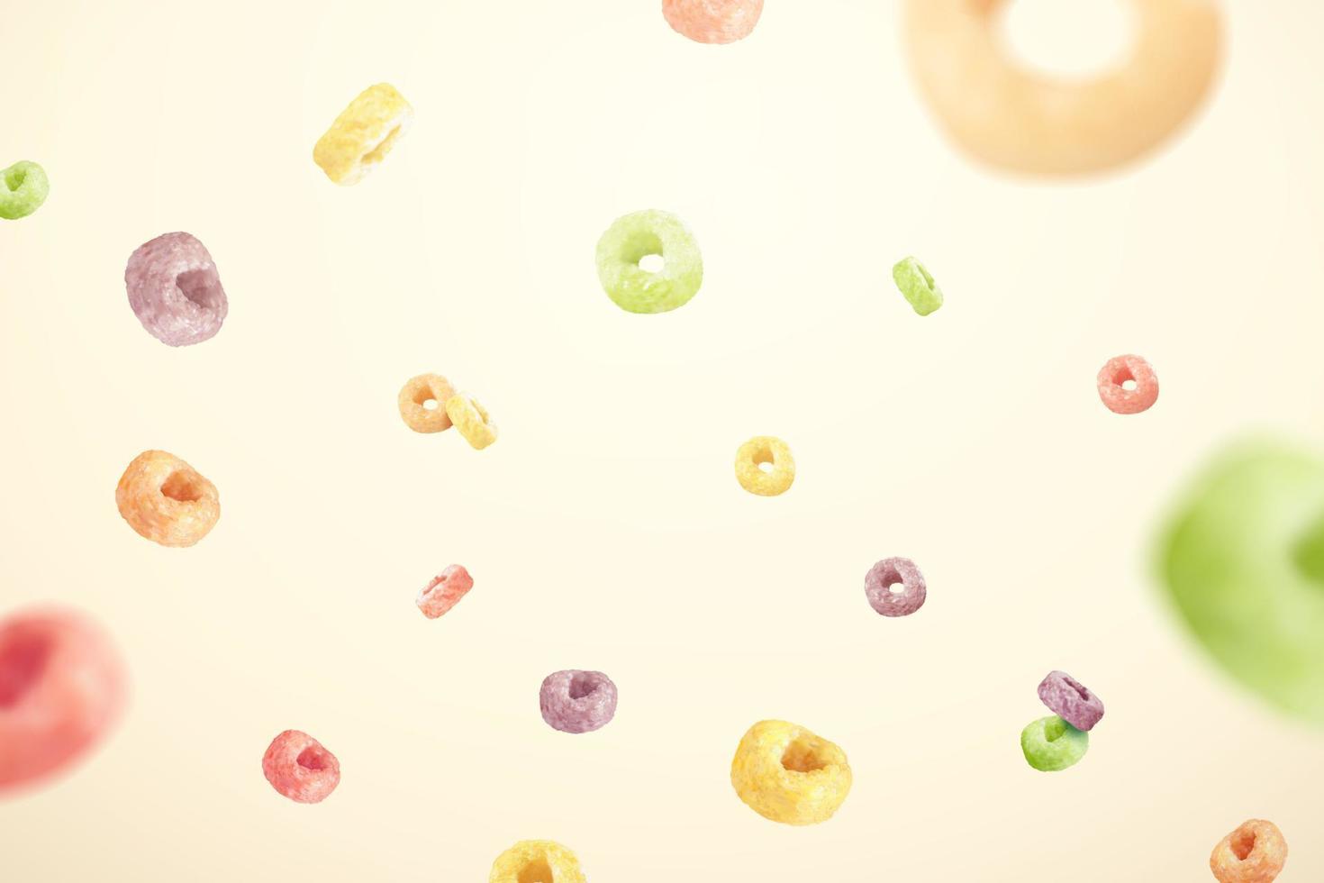 Design element of colorful ring cereals in 3D illustration. Cereal rings of fresh fruit flavors flying on beige color background. vector
