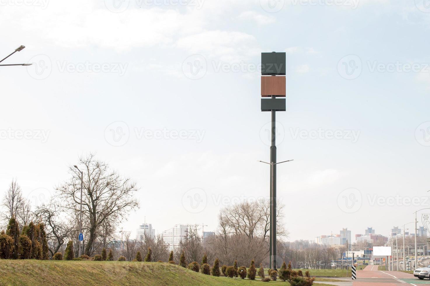 Blank billboard mockup on a tall pole. three empty billboards of different textures. wooden shield photo