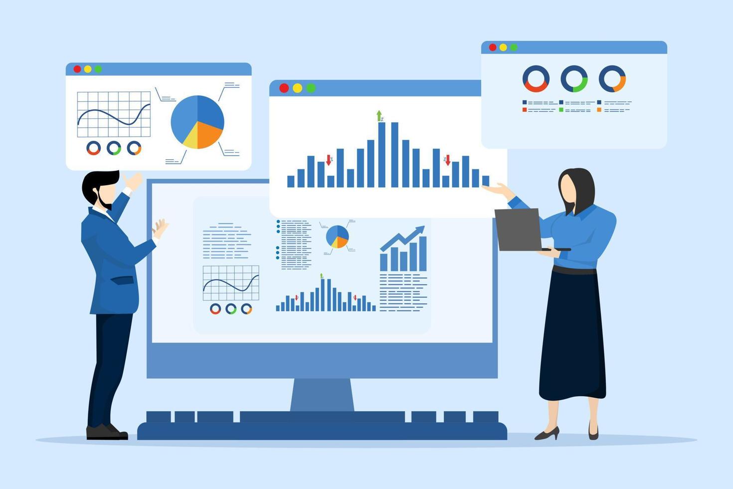 web report dashboard concept, business people team meeting for data analytics and monitoring, data analytics research for business financial planning. flat vector design illustration.