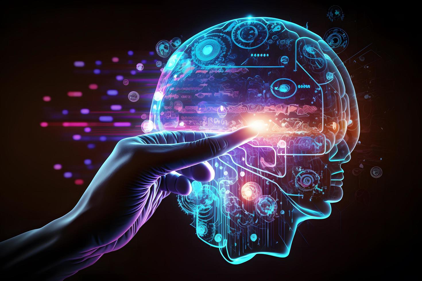 un mano conmovedor cerebro futuro tecnología foto