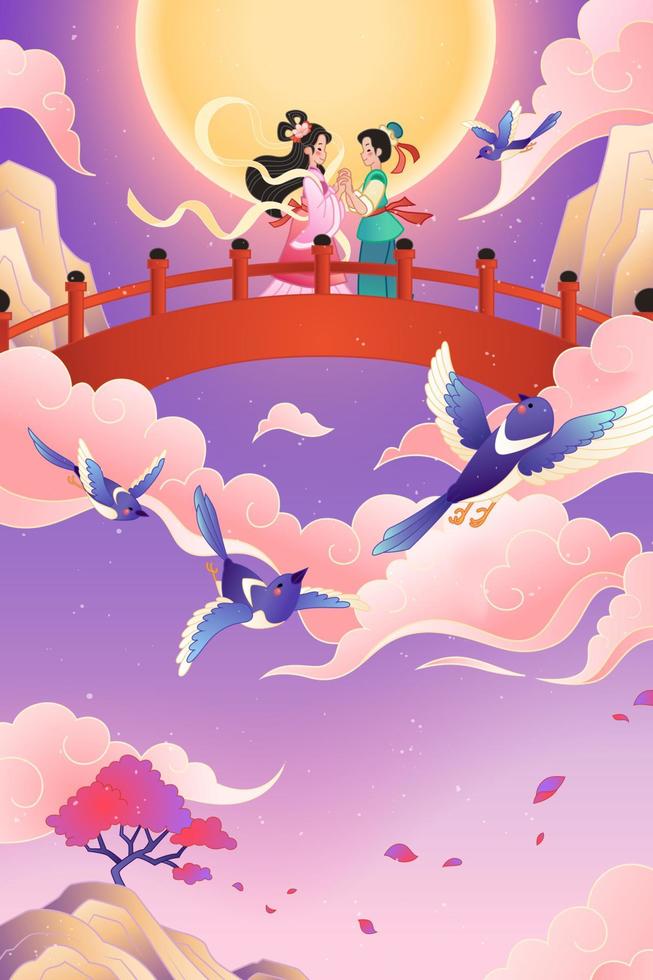 Qixi festival banner. Illustration of weaver girl and cowherd holding hand on the bridge close to the full moon vector