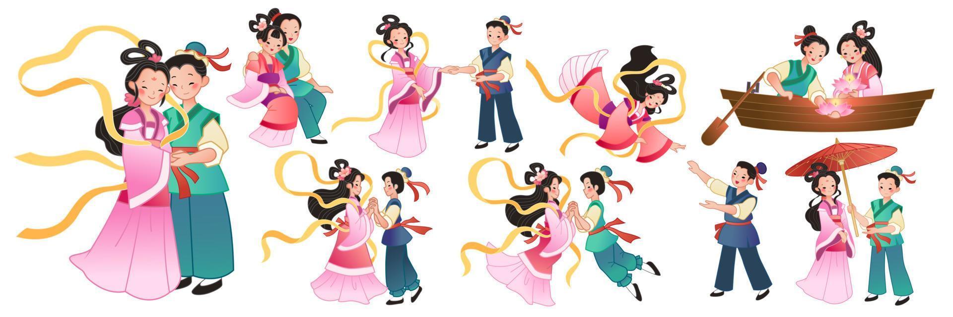 vaquero y tejedor niña para qixi festival. el antiguo cuento Pareja caracteres en chino San Valentín día con diferente poses y ocupaciones vector