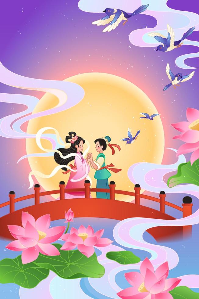 Qixi festival banner. Illustration of weaver girl and cowherd at the bridge on lotus pond with blue magpie flying around vector