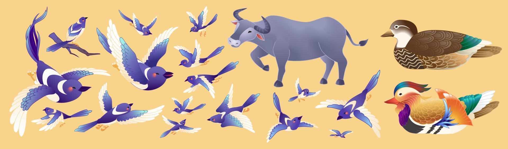 Blue magpie and animals for Qixi Festival. The animal characters with different poses for Chinese Valentine's legend on orange background vector