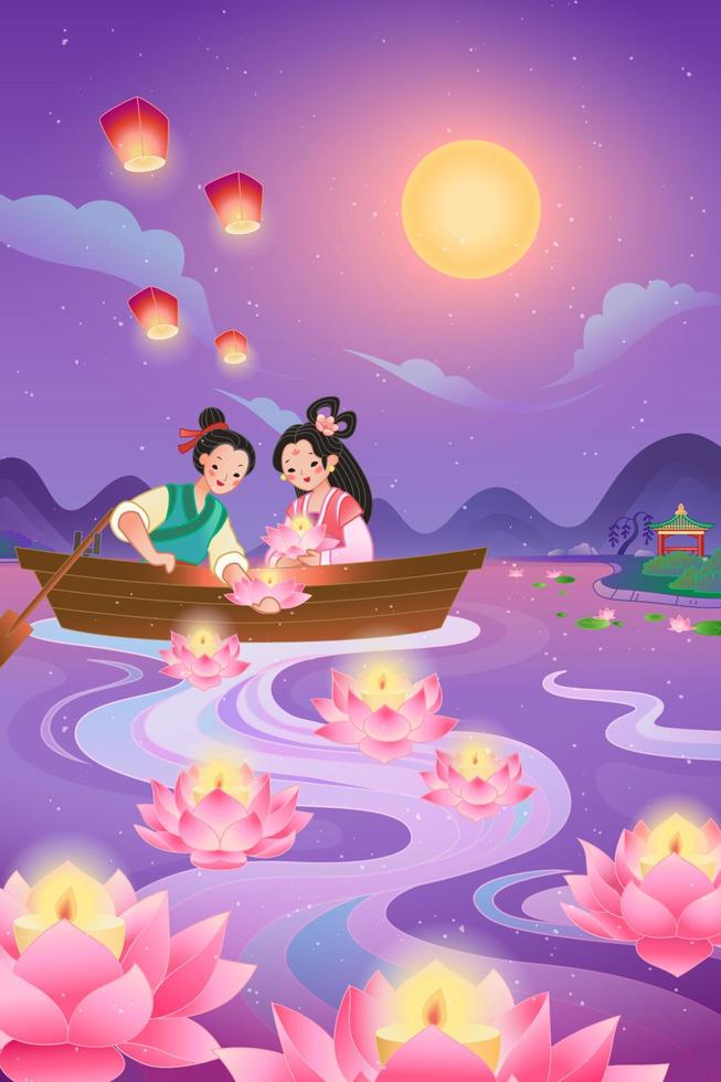 Qixi festival banner. Illustration of cowherd putting lightened candles onto river flowers with weaver girl on boat vector